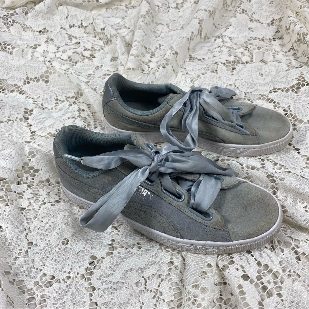 Puma Gray Suede Ribbon Trainers - Picture 3 of 6